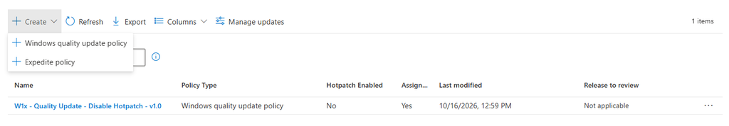 The Quality updates overview in Microsoft Intune. Under Create, we can choose a Windows quality update policy or an Expedite policy.