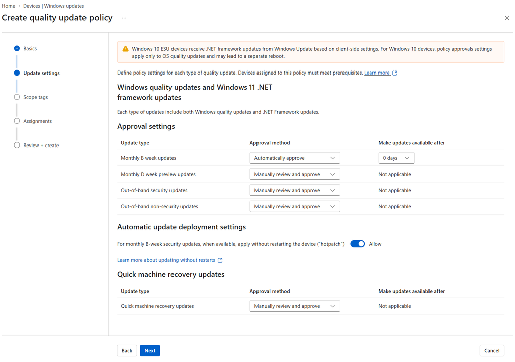 Options in the Quality Update Policy